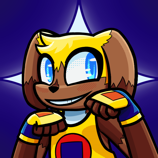 An yellow anthro dog with a dark blue muzzle. Their eyes are bright cyan.