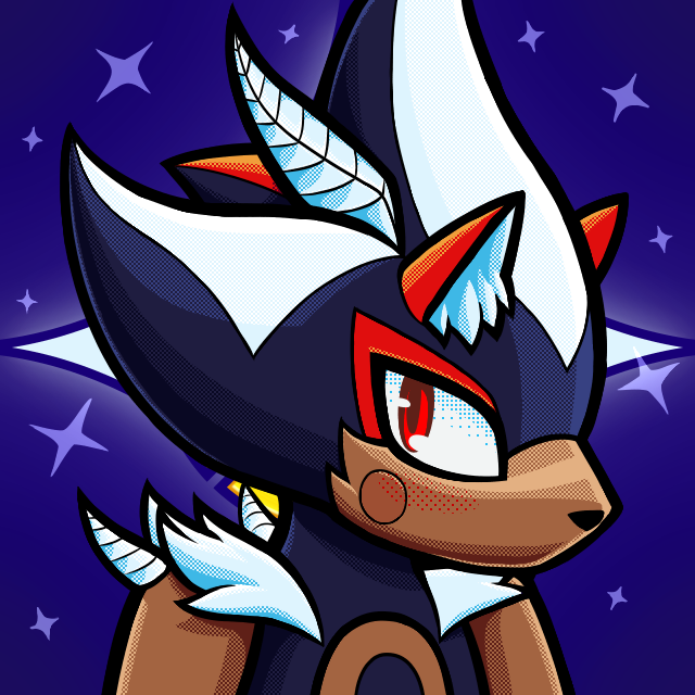 An anthro hedgehog with star shaped streaks in their quills. They have glowing red eyes.