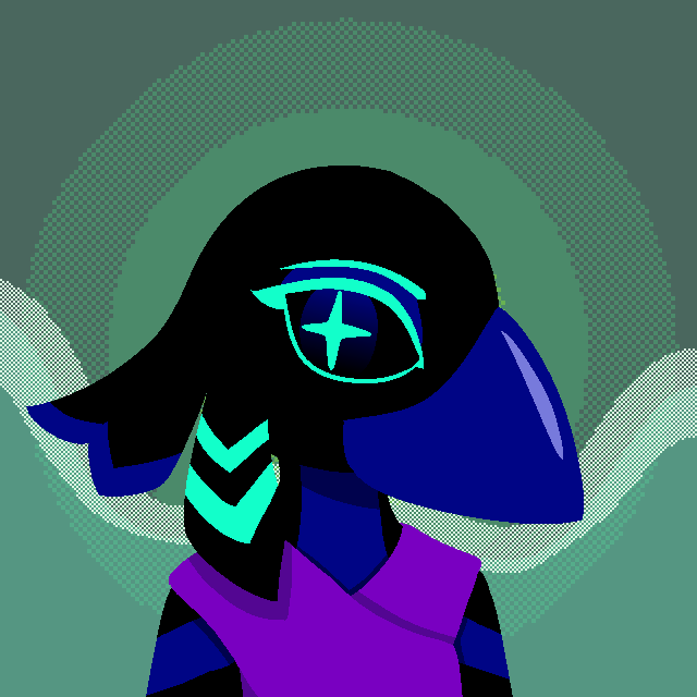 A void-black crow with aqua highlights.