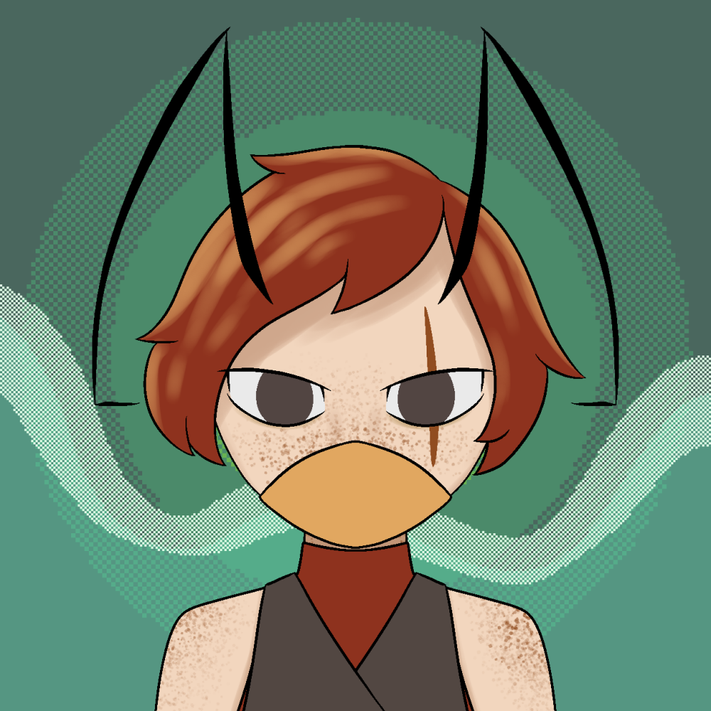 A humanoid with light skin and red hair. He has wasp antennae and is wearing a yellow mask.