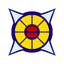 A golden circle surrounded by four white spikes against a dark blue background.